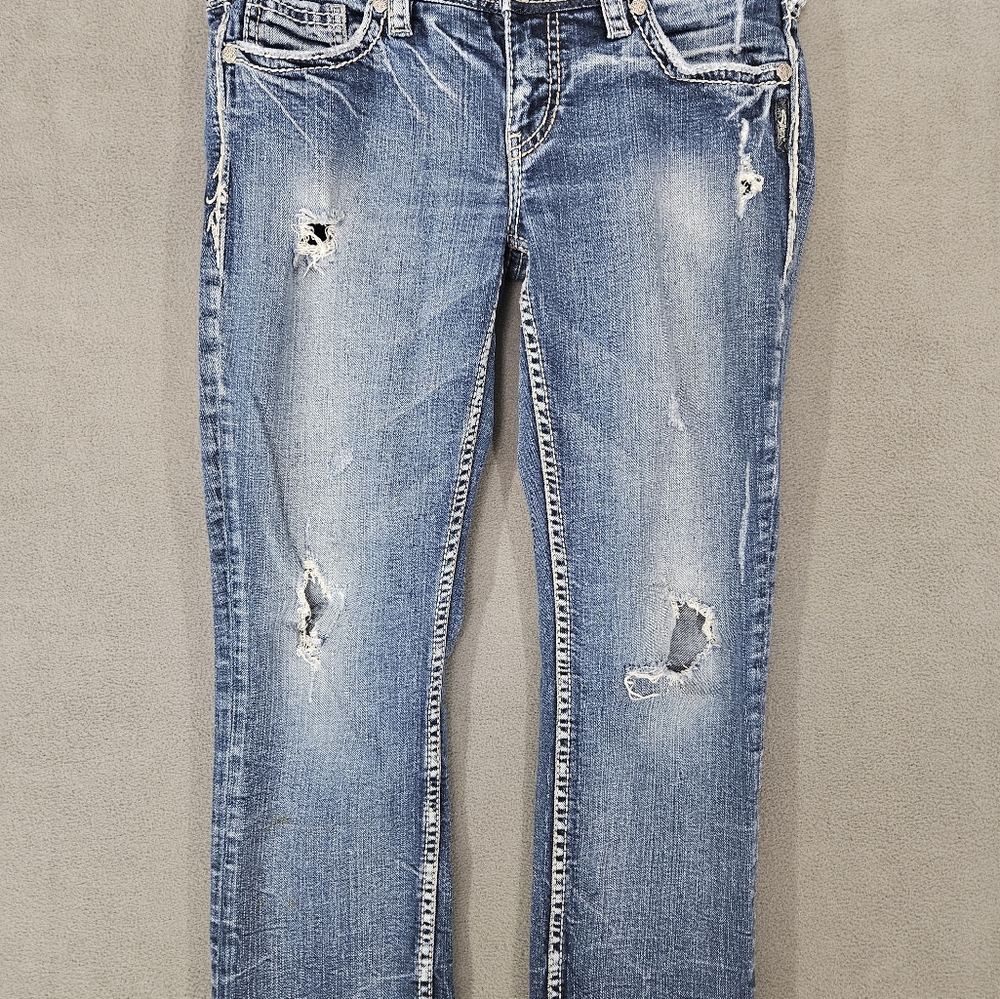 Silver Jeans Womens Size 29 Aiko Crop Straight Capris Blue Denim Destressed